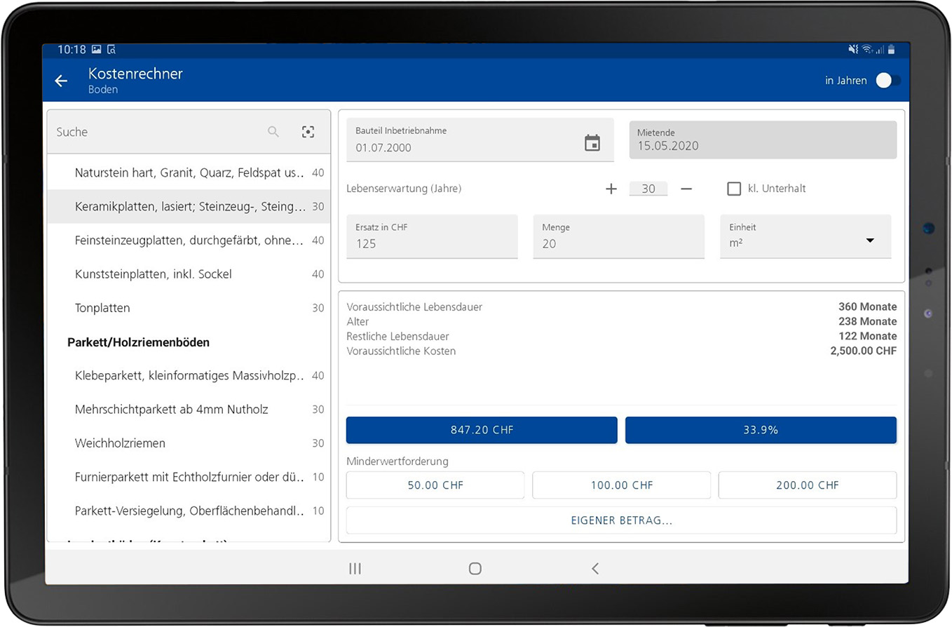 Ansicht Tablet Kostenrechner Abnahme App