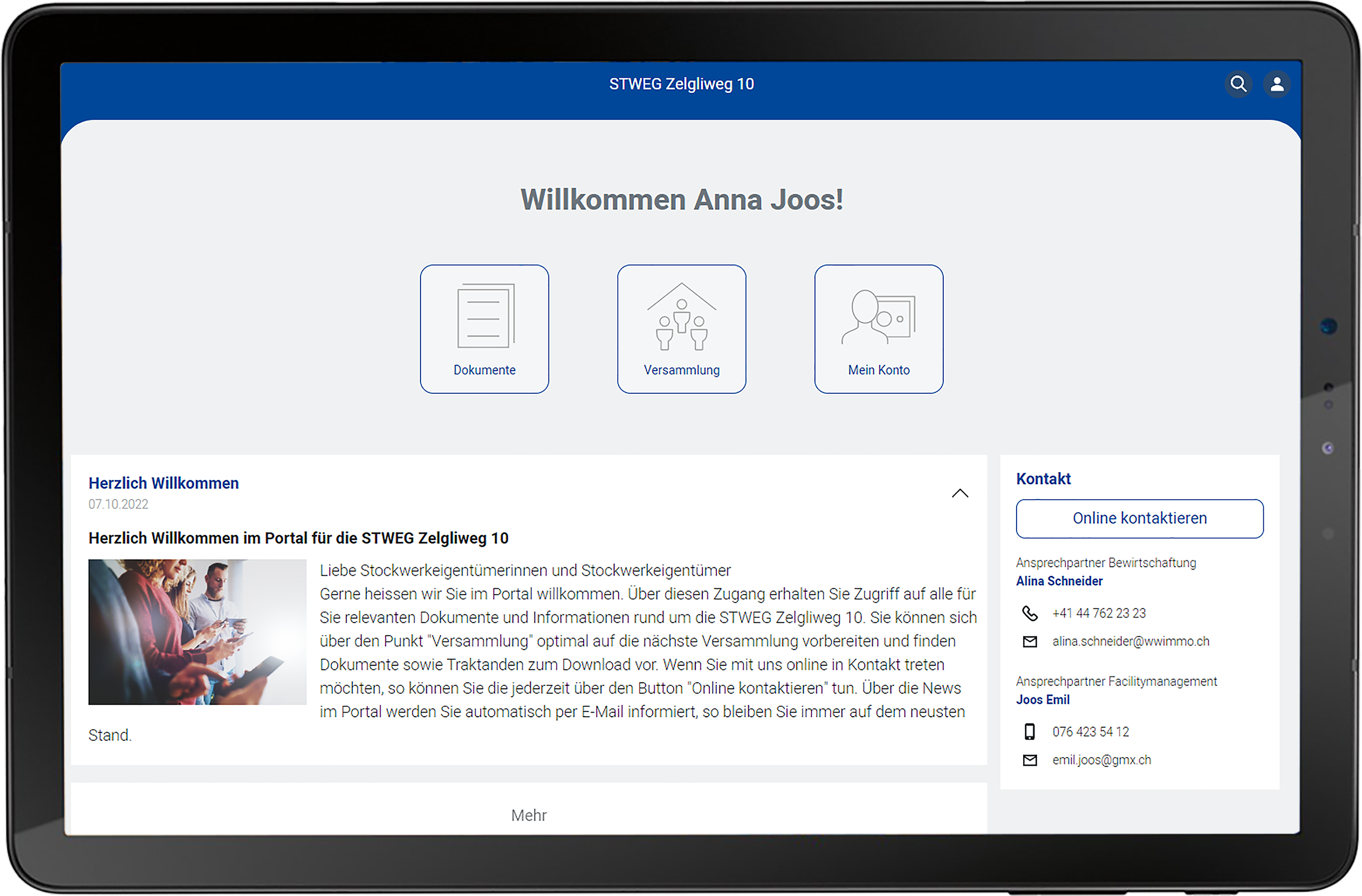 Ansicht Tablet Stockwerkeigentümer Portal Dashboard mit News