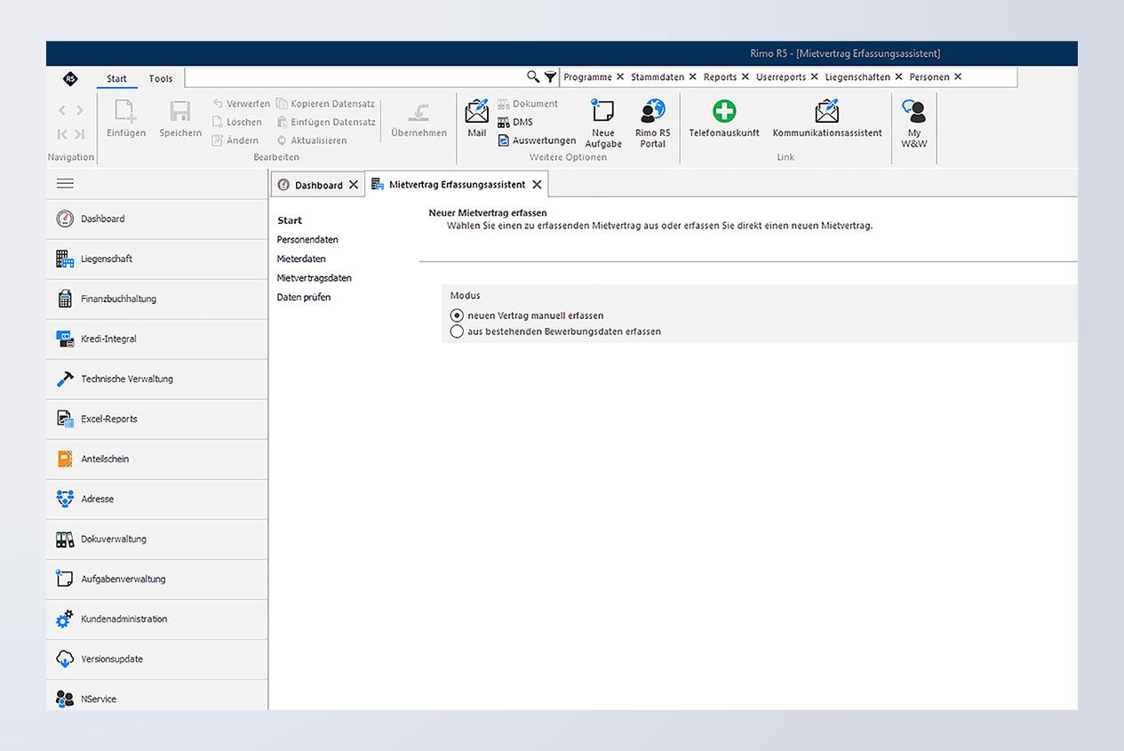 Ansicht Immobiliensoftware: Mit dem Mietvertrag-Erfassungsassistent im Rimo R5 effizient arbeiten