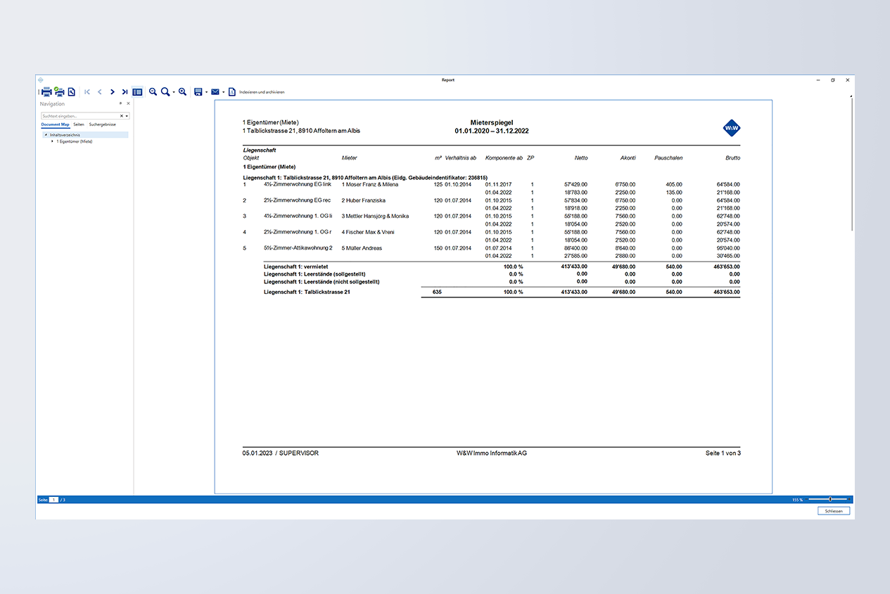 Ansicht praktischer Mieterspiegel in Immobiliensoftware ImmoTop2