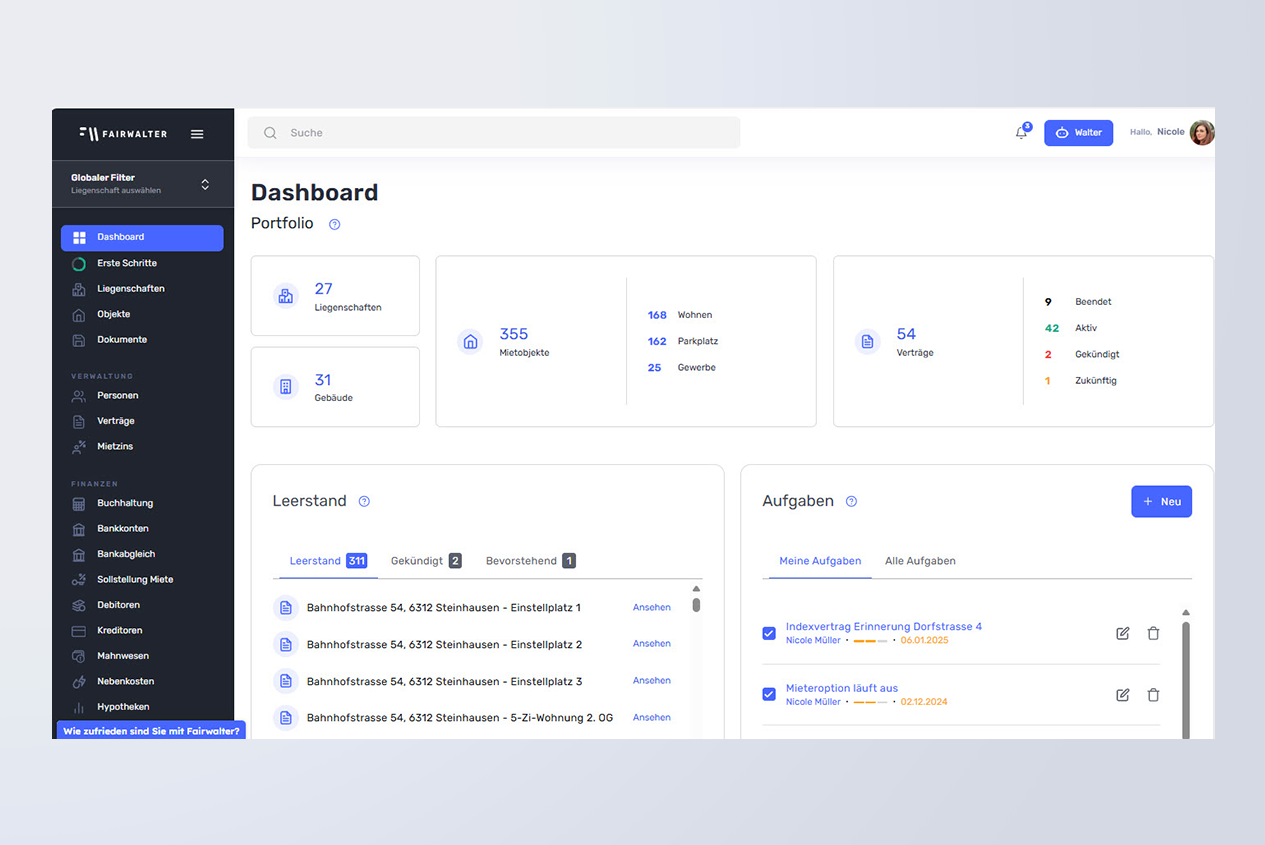 Fairwalter: Ansicht Dashboard