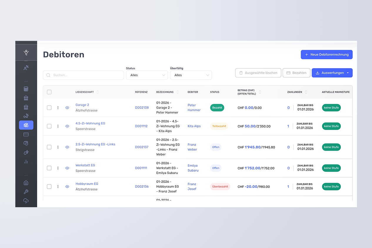 Fairwalter: Debitoren Rechnungsübersicht