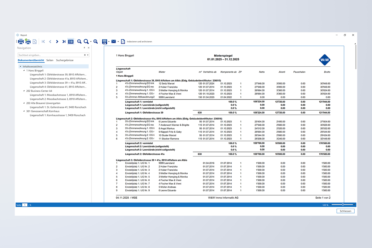 Ansicht praktischer Mieterspiegel in Immobiliensoftware ImmoTop2
